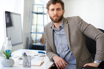 Aufkleber - Portrait, serious and man in office, computer and writer with confidence, working and desk. Project, face and person with pride, ambition and employee in media agency, deadline and journalist