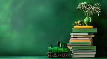 Poster - Books stacked with a toy train on top, green background reflecting youthful curiosity