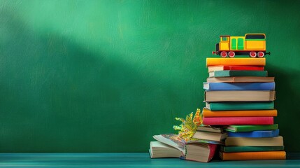 Poster - Books stacked with a toy train on top, green background reflecting youthful curiosity