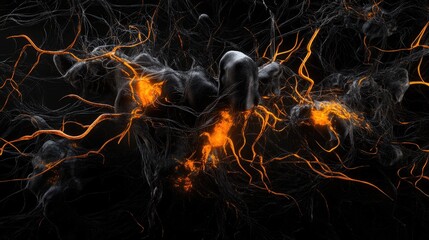Poster - Bright orange neural network with glowing axons spreading across deep black backdrop