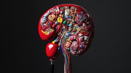 Poster - Bright red anatomical kidney model floating in darkness, highlighting structure and vessels
