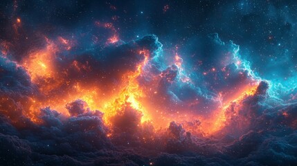 Wall Mural - Fiery nebula clouds clash in a vibrant cosmic scene.  Vast, swirling clouds of orange and blue fire intermix against a backdrop of stars