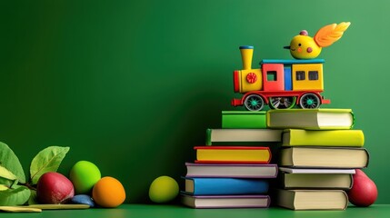 Poster - Bright toy train perched on stacked books against a green background, symbolizing early learning