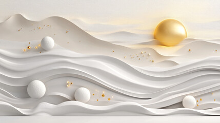 Fototapete - Abstract 3D digital art landscape with white and golden textured, mural art wallpaper with a white background and  golden sun, abstract wavey design creates a visually serene and elegant composition.
