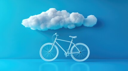 Poster - Clean design aesthetic: white bicycle with floating cloud on vibrant blue backdrop