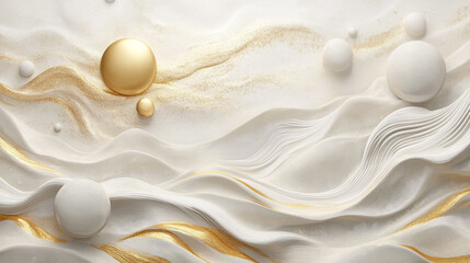 Fototapete - Abstract 3D digital art landscape with white and golden textured, mural art wallpaper with a white background and  golden sun, abstract wavey design creates a visually serene and elegant composition.