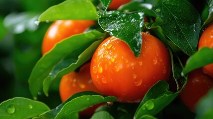 Poster - Close-up of fresh persimmons with glossy skin and green leaves, rich in color and detail