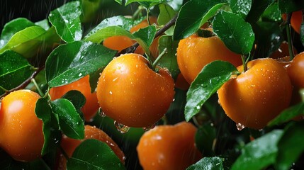 Poster - Close-up of fresh persimmons with glossy skin and green leaves, rich in color and detail