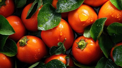 Poster - Close-up of fresh persimmons with glossy skin and green leaves, rich in color and detail