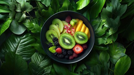 Poster - Close-up of vibrant fruit plate with kiwi and berries framed by natural foliage