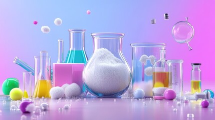 Poster - Colorful lab theme featuring modern glassware filled with white substance