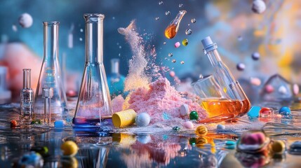 Poster - Contemporary lab setting with colorful reflections and powdered contents