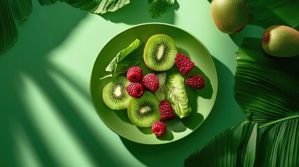 Aufkleber - Creative healthy food photo of berries and kiwi on plate with nature-inspired layout