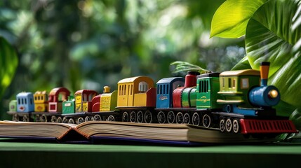 Poster - Educational still life: toy train on books, with gentle green backdrop