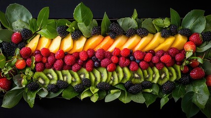 Poster - Elegant fruit display with colorful berries and kiwi slices framed by greenery