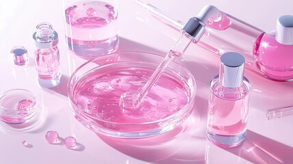 Poster - Elegant lab setup with pink solution in clear dish on pale, seamless background
