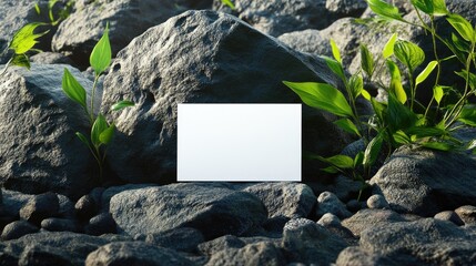 Poster - Elegant mockup with white card on textured rocks and subtle green branches