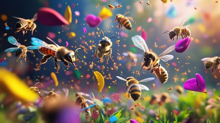 Poster - Energetic swarm of bees dancing across a vibrant nature backdrop