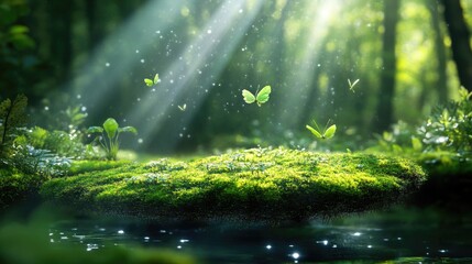 Poster - Enchanted forest scene with floating moss islands and sunlight beams