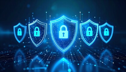 Poster - digital shields with padlocks symbolize cybersecurity and data protection in a futuristic network en