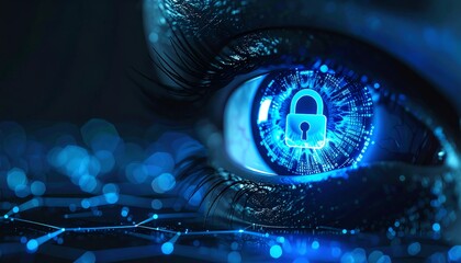 Poster - a close-up of a human eye with a digital lock symbol, representing cybersecurity and data protection