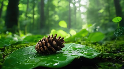 Poster - Forest ambiance with pine cone resting on damp green leaf, evoking freshness and tranquility