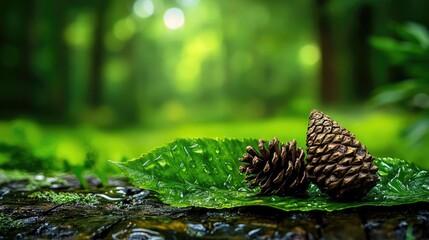 Poster - Forest ambiance with pine cone resting on damp green leaf, evoking freshness and tranquility
