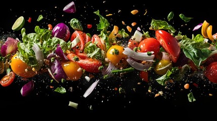 Poster - Fresh salad in motion: ingredients fly through dark space in colorful arrangement