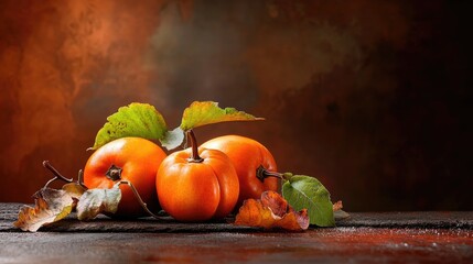 Poster - Freshly picked persimmons resting on earthy textures with leaf detail for rustic charm