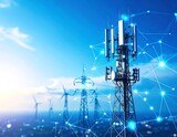 A cell tower with antennas stands against a blue sky, connected by digital lines, with wind turbines and a cityscape in the background.