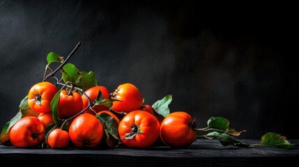 Poster - Freshly picked persimmons with stems and leaves, vibrant against dark backdrop