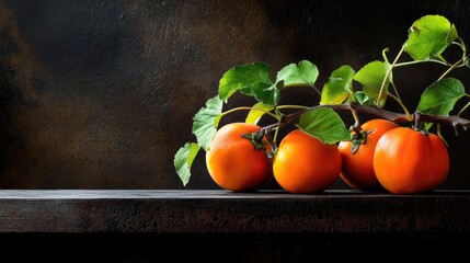 Poster - Freshly picked persimmons with stems and leaves, vibrant against dark backdrop
