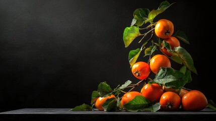 Poster - Freshly picked persimmons with stems and leaves, vibrant against dark backdrop