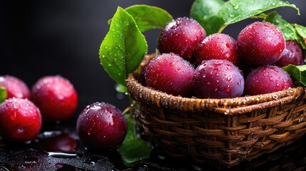 Poster - Freshly picked plums in a basket with dew drops, surrounded by leaves