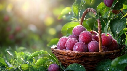 Poster - Freshly picked plums in a basket with dew drops, surrounded by leaves