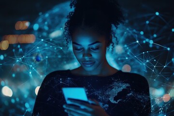 Poster - Biracial woman engages with technology against a glowing globe and connected network, network of connections and globe over biracial woman using smartphone