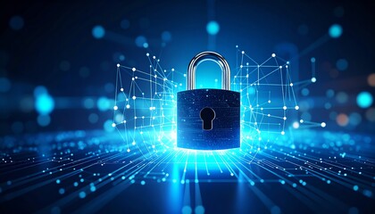 Poster - a digital padlock surrounded by glowing blue network lines symbolizes cybersecurity and data protect