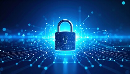 Poster - a glowing padlock surrounded by digital connections, symbolizing cybersecurity and data protection i