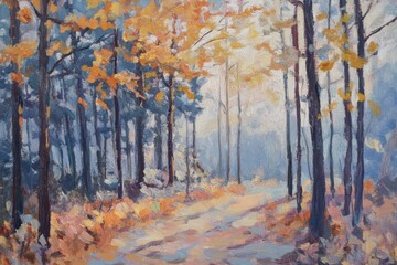 Poster - Soft morning light streaming through autumn leaves in a tranquil forest, morning in the forest