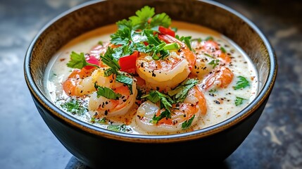 Poster - Gourmet-style shrimp soup in coconut milk with vibrant Thai ingredients