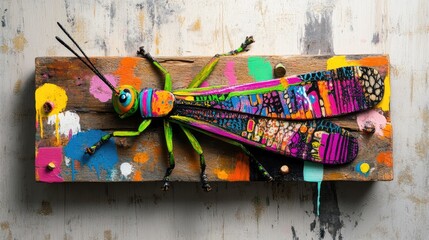 Poster - Grasshopper showing vibrant patterned wings while resting on natural wooden board