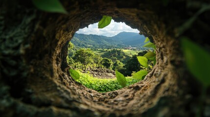 Poster - Hand-crafted leaf frame with forest hills in perfect natural focus