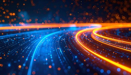 Poster - Abstract glowing blue and orange light trails with sparkling dots, creating a dynamic and futuristic digital background.