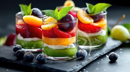 Poster - Healthy fruit snack display with halved plums and green leaf garnish