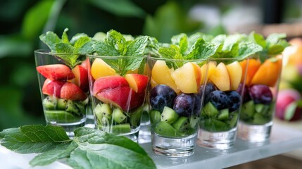 Poster - Healthy fruit snack display with halved plums and green leaf garnish