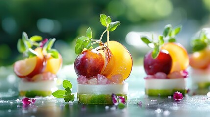 Poster - Healthy fruit snack display with halved plums and green leaf garnish
