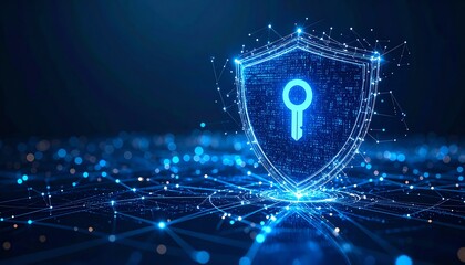 Poster - a digital shield with a keyhole symbol glows, representing cybersecurity and data protection in a co
