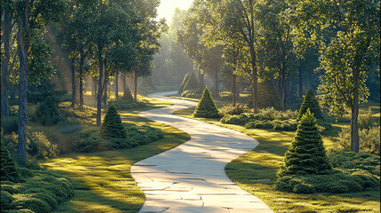 Poster - Winding stone path, lush green coniferous garden, sunlight filtering through tall trees, peaceful and serene landscape, manicured shrubs, tranquil morning