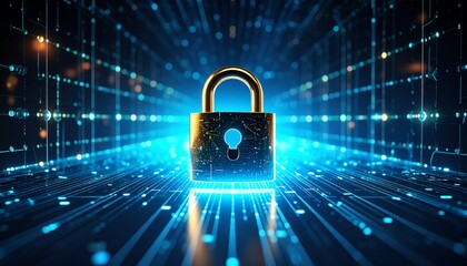 Poster - a glowing padlock symbolizes cybersecurity and data protection in a digital, futuristic network envi