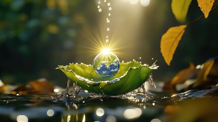 Poster - Isolated water drop resembling Earth on a leaf, with sunbeams to portray hope and environmental balance
